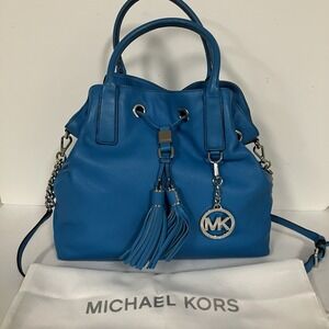 Michael Kors Camden Summer Blue  Leather Bag Handbag Tassels Purse Satchel Med